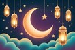 © Abuzar - Ramadan crescent moon with hanging lanterns, stars, and clouds, for banner or poster