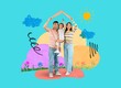 © Pixel-Shot - Happy family with cardboard in shape of roof dreaming about their new house on blue background