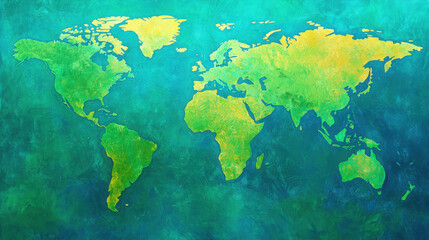  Vibrant Artistic World Map with Green and Yellow Tones on Blue Background