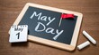 © MD IQBAL my daddy - May day and labor day celebration background with chalkboard and calendar.