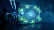 © merabbi - Business person using a digital interface to explore ESG and environmental concepts, CO2 cloud and green icons