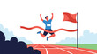 © Ripon - Athletic man crossing the finish line on a red running track with raised arms and a red flag for victory and sports success.