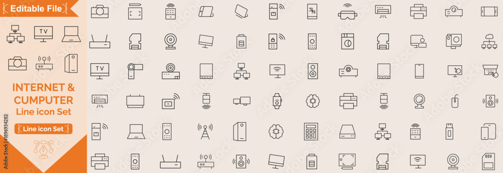 Internet and Computer icons set. Includes laptop, desktop, network ...
