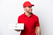 © luismolinero - Pizza delivery caucasian man with work uniform picking up pizza boxes isolated on white background looking to the side and smiling