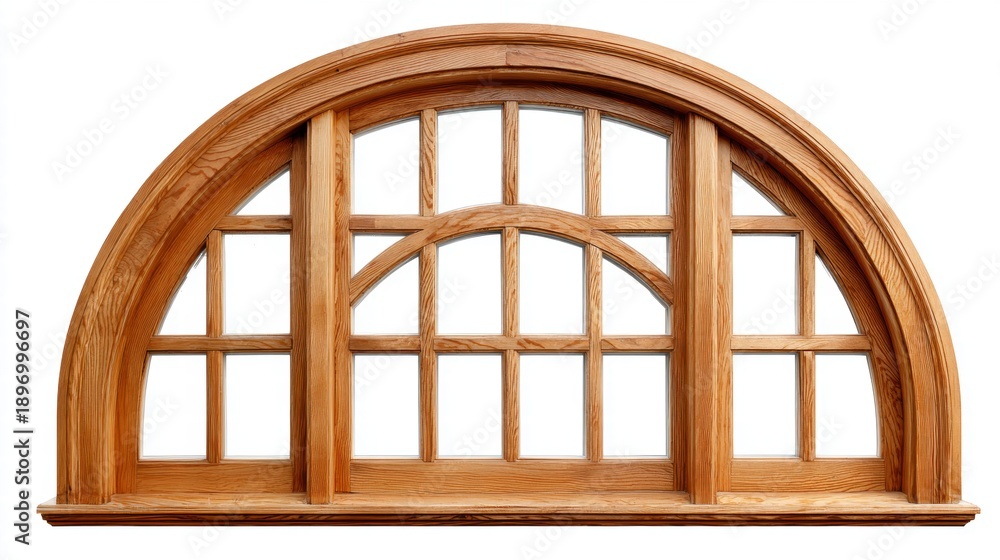 Wooden arched window with a grid pattern against a white background ...