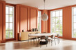 © ImageFlow - Modern dining room interior with round table, beige chairs, and large windows in a warm terracotta setting, elegant minimal decor and lighting fixture. 3D Rendering