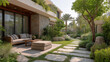 © Wasin Arsasoi - Serene Backyard Oasis: A luxurious outdoor living space with stone pathways, lush greenery, and comfortable seating, inviting relaxation and tranquility.
