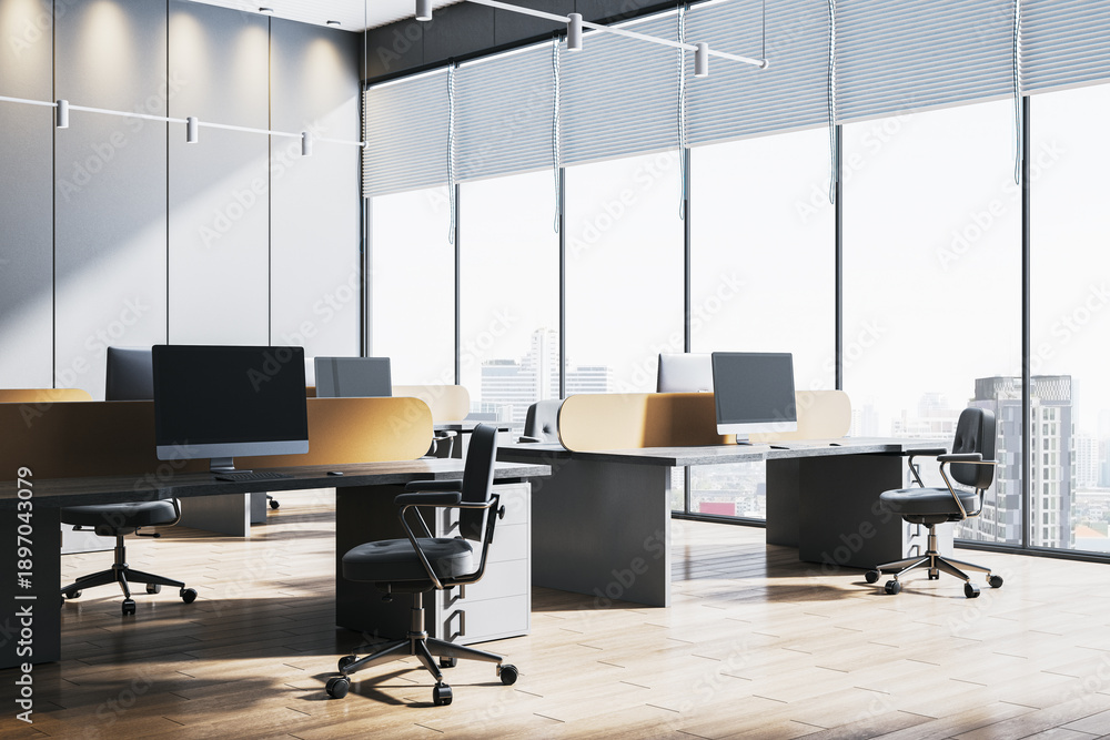 Modern open space office interior with empty workstations and large windows showing city view, minimal design and natural light concept. 3D Rendering