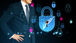 © Who is Danny - Businessman using smartphone with digital padlock icons representing cybersecurity and data protection on dark background with technology concept.