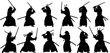 © Abd Elrahman - Silhouettes of samurai warriors in fighting stances with swords on a white background fighter male
