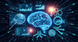 © Mujiono - Digital glowing human brain surrounded by data analytics, innovation, and strategic icons, representing artificial intelligence and advanced thinking.