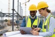 © Stitch - A smiling male and female construction worker in hard hats looking at a tablet together, demonstrating teamwork and diversity.