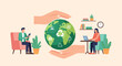 © kodok - Hands cradle globe with sustainability icons, people work and relax