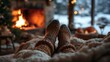 © GreenLand - Cozy winter lifestyle scene with people wearing warm socks while relaxing together near a fireplace. Concept of comfort, warmth, hygge living, home relaxation, and seasonal atmosphere