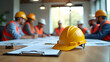 © EPICreation - A yellow safety hard hat and blueprint on wooden table, professional construction workers, engineers, architects, meeting - management, site safety, urban development, project planning