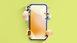 © Prostock-studio - A smartphone is at the center of the collage with diverse faces appearing around it. The faces represent people engaged in online communication and connection.