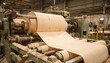 © DigitalSpace - Medium shot of rotary veneer peeling line processing a full softwood log on lathe producing smooth continuous veneer ribbon in an industrial setting.