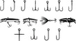 © Anu's World - PrintCollection of fishing tackle icons including sharp metal hooks treble hooks artificial lures and crankbaits for professional angling equipment vector illustration and outdoor hobby design