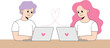 © Sawda's World - Cute flat illustration of man and woman chatting online with laptops, heart connection, modern digital romance concept, virtual dating, social media communication, relationship technology