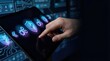 © Chanoknan - User Engages Cybersecurity Optimization via Touchscreen Tablet Interface with Digital Security Icons and System Control Analytics for Advanced Information Protection Solutions