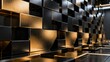 © bao - A modern geometric wall design featuring interlocking metallic cubes with a reflective textured surface illuminated by warm lighting.