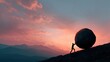 © backup_studio - Man pushing a large stone up a hill at sunset. Concept of struggle, perseverance, and overcoming challenges for motivation.
