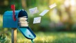 © Khawla - Mail Delivery and Communication. The vibrant blue mailbox, overflowing with letters, is juxtaposed with the lush green lawn, capturing the essence of home delivery and written communication.