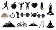 © Shovon - Fitness and wellness icons including running yoga cycling and healthy eating on white background for healthy lifestyle concepts