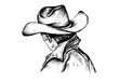 © HootDesignStudio - Vintage pen and ink hand-drawn illustration on paper with clear background of Cowboy with hat and jacket looking away into the country