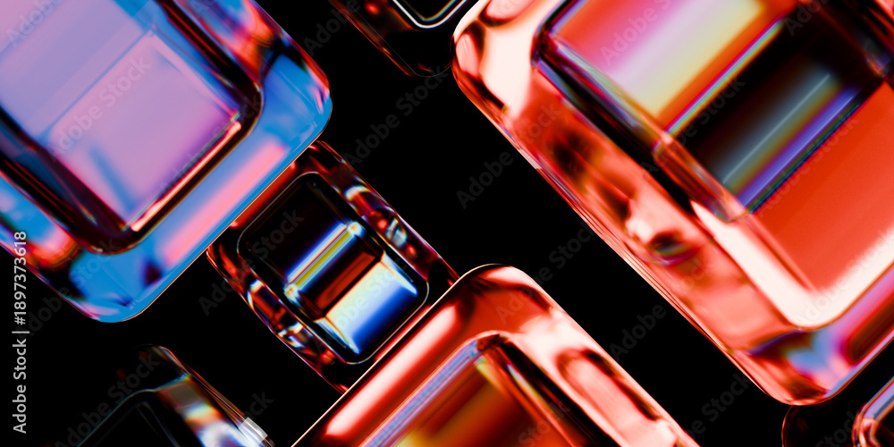 Abstract futuristic dispersion glass shapes cube with neon reflections glossy transparent panels and curved ribbons on dark tech background technology wallpaper 3d rendering