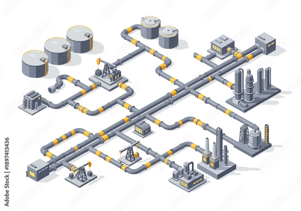 Tank Extraction Pipe Industrial Oil and Gas Extraction and Processing Complex with Pipelines ...