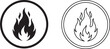 © Shafi Ullah - Fire flame icon vector set featuring solid silhouette and linear outline styles isolated on white background, representing heat, burn, energy, bonfire, and flammable danger warning symbol.