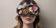 © Ross - Woman wearing virtual reality headset filled with flowers and gears symbolizing creative technology innovation and digital imagination