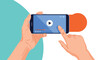 © Biz Flare - Hands hold a smartphone horizontally to watch a video, with a finger touching the screen to interact with the media player.