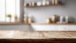 © nanskyblack - wood table top with blurred kitchen counter background, selective focus, mockup scene