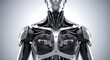 © vector db - The intricate, metallic torso of a humanoid robot, revealing complex wiring and advanced mechanical components inside.