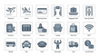 © Roky Roy - Comprehensive Set of 18 Professional Airport and Flight Line Icons for Travel and Aviation Services, Featuring Departure, Arrival, Boarding Pass, Gate, Baggage Claim, Security Check, and Customs.