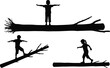 © Sohidul - Black silhouette vector illustration of children balancing and walking on fallen tree logs, perfect for nature and outdoor adventure designs