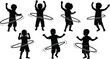 © Md - Children playing with hula hoop silhouettes, kids active movement exercise, balance coordination skills, joyful play, healthy childhood, black silhouette illustration