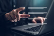© panya7 - Business hand interacting with digital checklist on laptop, selecting approved items to represent task management, decision making, workflow optimization, and productivity in digital business system.