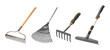 © Sophia - Four different types of gardening rakes and tools are neatly arranged, showcasing various designs and materials for diverse landscaping tasks.