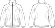 © Arman's World - Technical fashion flat sketch of a women's white zip-up athletic jacket with raglan sleeves, stand collar, and side pockets design