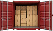 © PNG Creative - Open red shipping container with numerous stacked cardboard boxes inside ready for transport and logistics cargo freight delivery goods storage trade import export warehouse