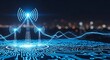 © TAFAZZUL - Futuristic blue glowing antenna with signal waves on circuit board at night city background with technology concept