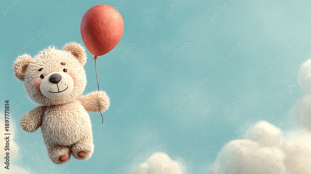 Cute fluffy teddy bear holding a red balloon floating in a pastel blue ...