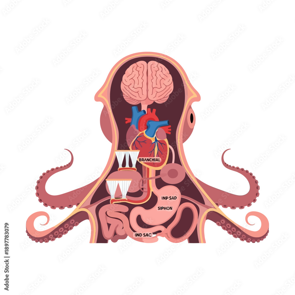 Octopus Inner Structure Octopus internal anatomy diagram detailing its unique three-heart ...