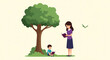 © Atta - Mother Reading to Child under Tree in Park, Flat Vector Illustration