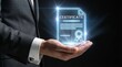 © AucArtStudio - Digital certificate hologram for professional achievement and online course completion. Businessman holding glowing diploma icon for career growth, success and verified qualification.