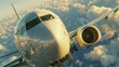 © Asad - Close-up, dynamic shot of an airplane's cockpit and fuselage flying through clouds at sunset, emphasizing the experience of flight.