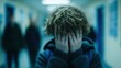 © tashechka - Young person hides face with hands in school hallway during a tense moment